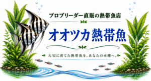Banner for Ootsuka Tropical Fish shop with green aquatic plants, a striped angelfish, small tropical fish, and Japanese text advertising direct sales.