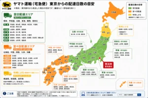 Map of Japan showing Yamato Transport delivery-day estimates by region, color-coded by zone with legends and example regions.