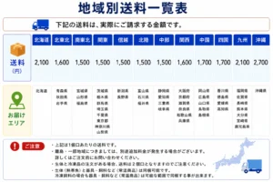 地域別送料一覧表。地域ごとの送料とお届けエリアを示す表。左列に送料、下部に都道府県のリストと注意事項。
